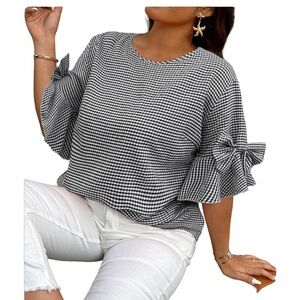 SHEIN Gingham Ruffle Sleeve Blouse M B/W